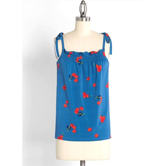 Modcloth Tank Top Womens XS Blue Cherry Bomb Print Coquette 90s Kidcore Retro - Picture 2 of 15